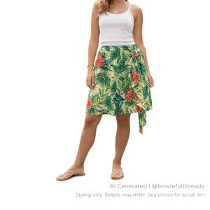 Tropical Silk Resort Skirt Floral Side Sash Cruise Boho Island Vibe M